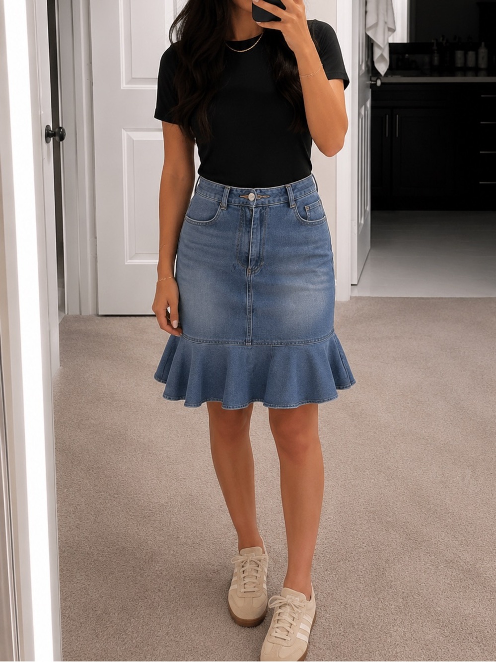 Amazon Blue Denim Ruffle-Hem A-Line Skirt